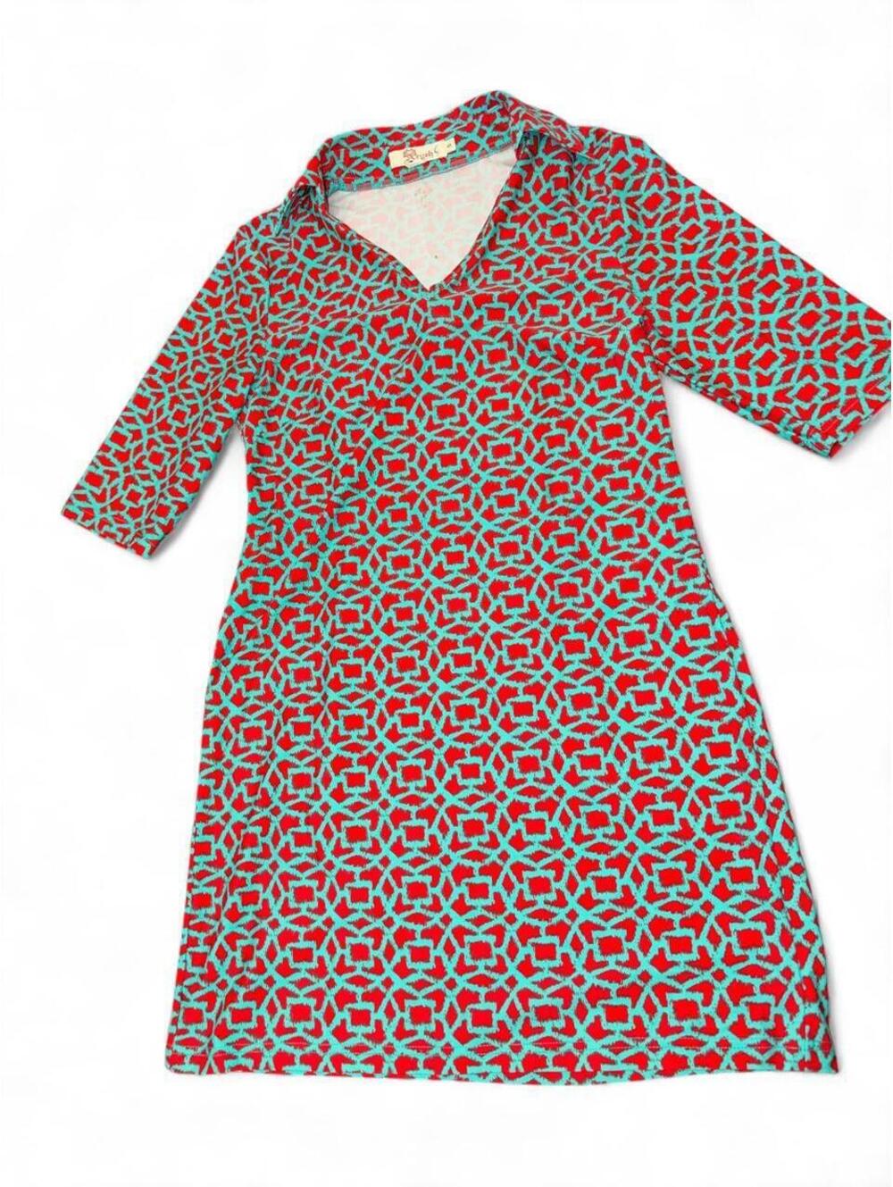 Aryeh Red & Turquoise Geometric Shift Dress